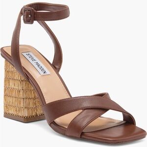 New Steve Madden Renley Block Heel Ankle Strap Sandal in Brown Leather Womens 10
